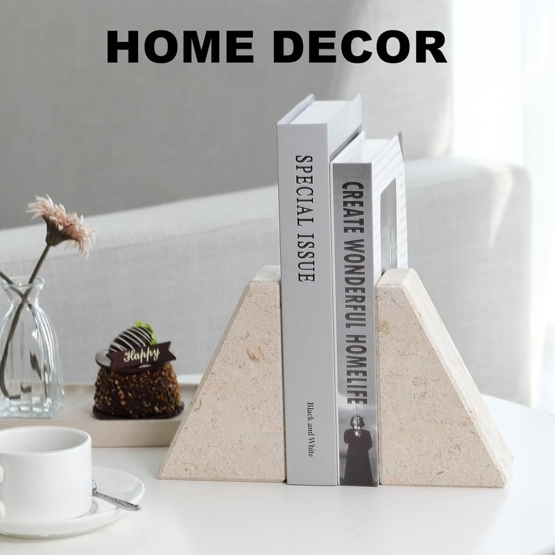 karibiber Marble Bookends for Heavy Books, Decorative Book Ends for Shelves, Beige Stone Durable and Heavy-Duty Book Ends for Hardback Books & CDS, Unique Book Stopper & Holder, Set of 2 - Image 3